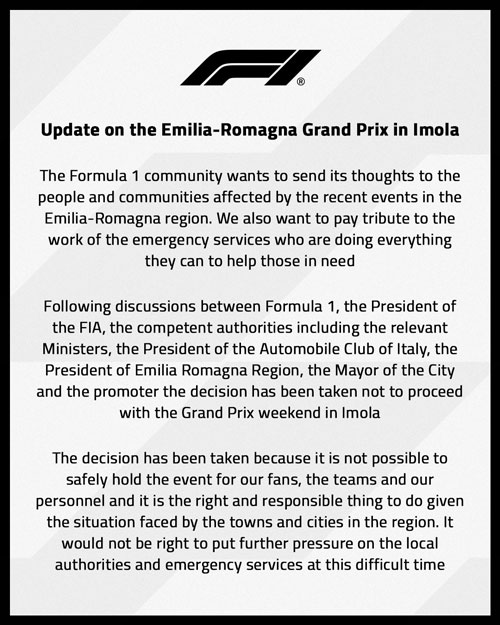 Fórmula 1 Comunicado cancelación del GP Emilia Romaña